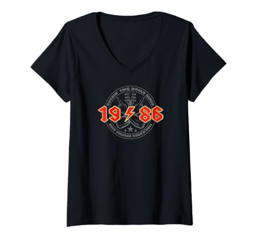 Damen Rock'n'Roll 1986 High Voltage Retro Musik Geburtstags T-Shirt mit V-Ausschnitt Damen Rock'n'Roll 1986 High Voltage Retro Musik Geburtstags T-Shirt mit V-Ausschnitt von Legendäre Retro Rock Band Shirts High Voltage