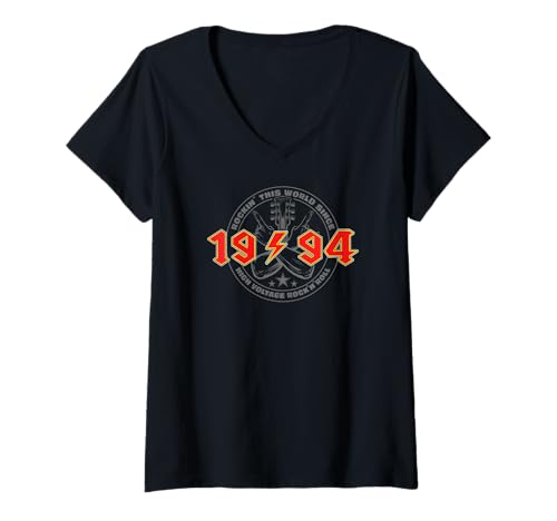 Damen Rock'n'Roll 1994 High Voltage Retro Musik Geburtstags T-Shirt mit V-Ausschnitt Damen Rock'n'Roll 1994 High Voltage Retro Musik Geburtstags T-Shirt mit V-Ausschnitt von Legendäre Retro Rock Band Shirts High Voltage