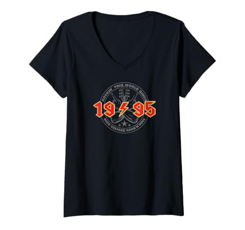 Damen Rock'n'Roll 1995 High Voltage Retro Musik Geburtstags T-Shirt mit V-Ausschnitt Damen Rock'n'Roll 1995 High Voltage Retro Musik Geburtstags T-Shirt mit V-Ausschnitt von Legendäre Retro Rock Band Shirts High Voltage