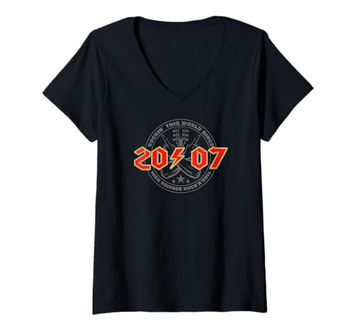 Damen Rock'n'Roll 2007 High Voltage Retro Musik Geburtstags T-Shirt mit V-Ausschnitt Damen Rock'n'Roll 2007 High Voltage Retro Musik Geburtstags T-Shirt mit V-Ausschnitt von Legendäre Retro Rock Band Shirts High Voltage