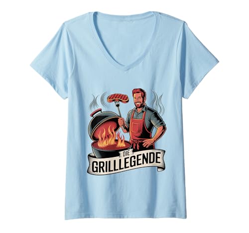 Damen Die Grilllegende BBQ Flames Mann T-Shirt mit V-Ausschnitt Damen Die Grilllegende BBQ Flames Mann T-Shirt mit V-Ausschnitt von Legendärer Grillen BBQ Master Chef