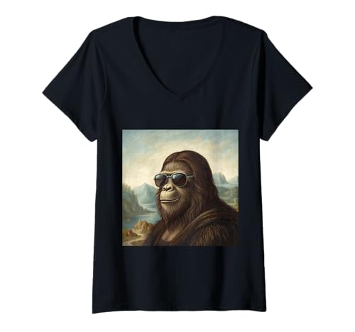 Damen Cooles Sasquatch Mona Lisa inspiriertes Porträt mit Schattierungen T-Shirt mit V-Ausschnitt Damen Cooles Sasquatch Mona Lisa inspiriertes Porträt mit Schattierungen T-Shirt mit V-Ausschnitt von Legendary Art Co