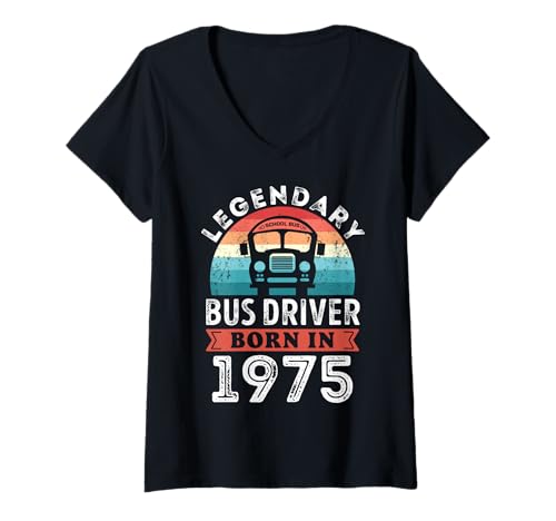 Damen Legendärer Busfahrer, geboren 1975, 50. Geburtstag, Geschenke, Schule T-Shirt mit V-Ausschnitt Damen Legendärer Busfahrer, geboren 1975, 50. Geburtstag, Geschenke, Schule T-Shirt mit V-Ausschnitt von Legendary Bus Driver Birthday Apparel