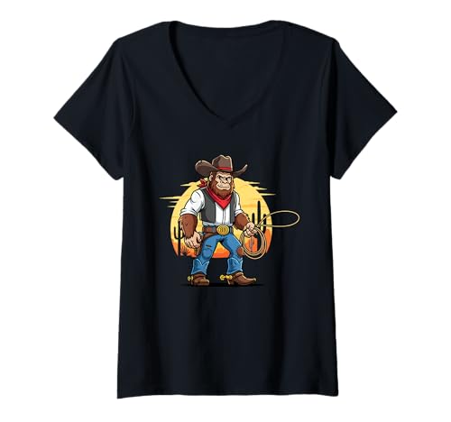 Damen Lustiger Wildwest-Lasso-Sonnenuntergang im Cowboy Sasquatch T-Shirt mit V-Ausschnitt von Legendary Cowboy Cryptid Rodeo Western Tee Co