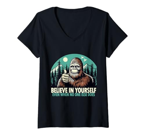 Damen Bigfoot Believe in Yourself Motivierender Sasquatch T-Shirt mit V-Ausschnitt Damen Bigfoot Believe in Yourself Motivierender Sasquatch T-Shirt mit V-Ausschnitt von Legendary Crypto Threads Funny Bigfoot Retro