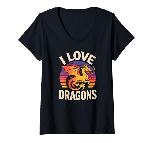 Damen Retro-Sonnenuntergangs-Kunst „I Love Dragons“ T-Shirt mit V-Ausschnitt Damen Retro-Sonnenuntergangs-Kunst „I Love Dragons“ T-Shirt mit V-Ausschnitt von Legendary Dragon Enthusiasts Unite