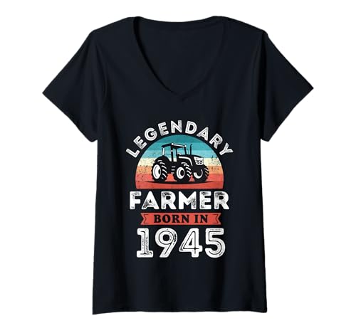 Damen Legendärer Bauer, geboren 1945, Landwirt, Geschenke zum 80. Geburtstag T-Shirt mit V-Ausschnitt Damen Legendärer Bauer, geboren 1945, Landwirt, Geschenke zum 80. Geburtstag T-Shirt mit V-Ausschnitt von Legendary Farmer Birthday Farming Tees