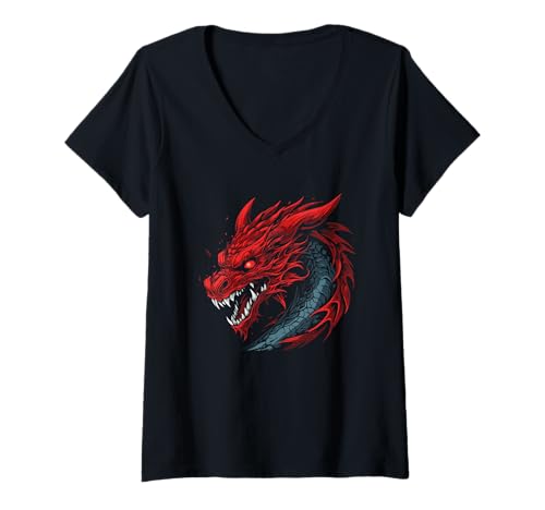 Damen Schwarz-roter Drachenkopf T-Shirt mit V-Ausschnitt von Legendary Fire Beast