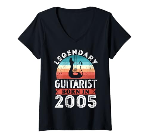 Damen Legendärer Gitarrist, geboren 2005, Geschenke zum 20. Geburtstag, Gitarre T-Shirt mit V-Ausschnitt von Legendary Guitarist Birthday Guitar Apparel