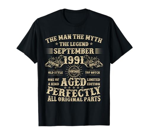 Geschenke zum 34. Geburtstag für Männer September 1991 34 Jahre alt Bday T-Shirt von Legendary Man Birthday Apparel September For Men