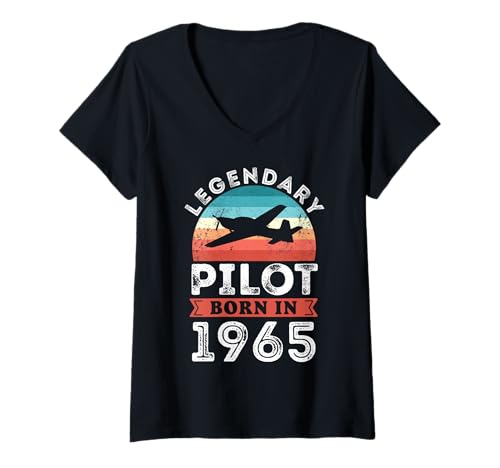 Damen Legendärer Pilot, geboren 1965, 60. Geburtstag, Geschenke, Fliegen T-Shirt mit V-Ausschnitt Damen Legendärer Pilot, geboren 1965, 60. Geburtstag, Geschenke, Fliegen T-Shirt mit V-Ausschnitt von Legendary Pilot Birthday Aviation Apparel