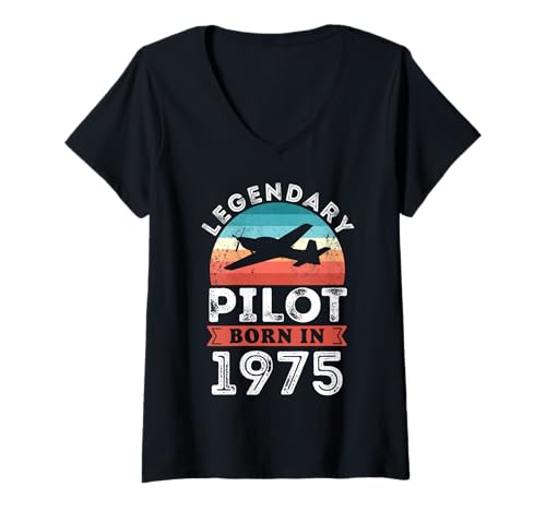 Damen Legendärer Pilot, geboren 1975, 50. Geburtstag, Geschenke, Fliegen T-Shirt mit V-Ausschnitt Damen Legendärer Pilot, geboren 1975, 50. Geburtstag, Geschenke, Fliegen T-Shirt mit V-Ausschnitt von Legendary Pilot Birthday Aviation Apparel