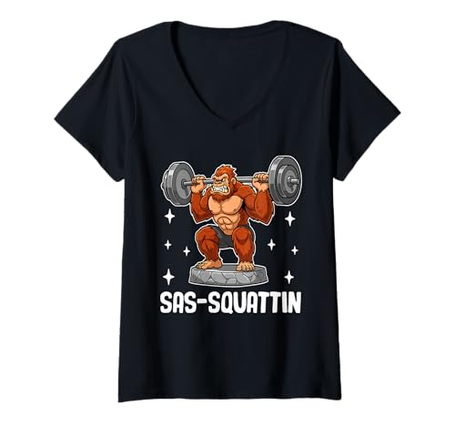 Damen SAS-Squattin Mythical Strength Icon T-Shirt mit V-Ausschnitt von Legendary Sasquatch Lifting Power