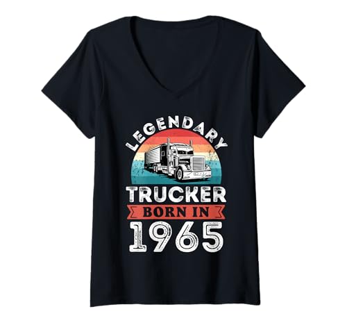 Damen Legendärer Trucker, geboren 1965, 60. Geburtstag, Geschenke, Trucking T-Shirt mit V-Ausschnitt von Legendary Trucker Birthday Trucking Apparel