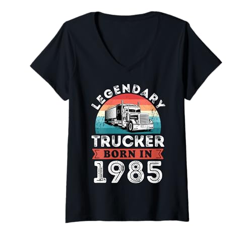 Damen Legendärer Trucker, geboren 1985, 40. Geburtstag, Geschenke, Trucking T-Shirt mit V-Ausschnitt von Legendary Trucker Birthday Trucking Apparel
