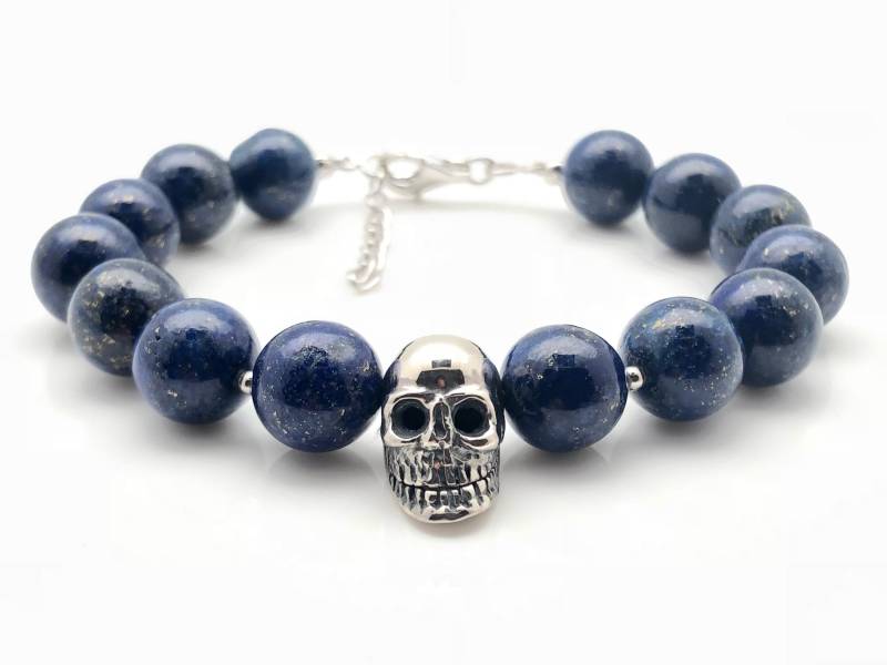 Lapis Skull Armband Sterling Silber Perlen, 18 cm von LegendsSilver