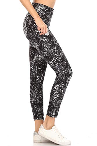 Damen Hohe Taille Reflektierende Yogahose mit Taschen: Full, Capri, 7/8 Länge, 7/8 Print-Charcoal Tie Dye, Groß von Leggings Depot