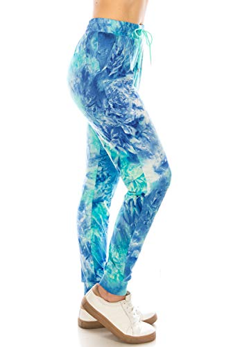 Leggings Depot Damen beliebte Print hohe Taille Premium Jogger Trainingshose (S-3X) BAT1, Blau-Grün Krawattenfarbe, Groß von Leggings Depot