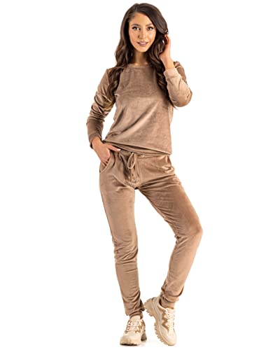 Leggings Empire Damen Velour Trainingsanzug Set -2 Telliger Kuschelig Anzug Freizeitanzug Hausanzug Jogginganzug Damen Velours Lange Hosen mit Tasche und Lange Ärmel, Beige S/M von Leggings Empire