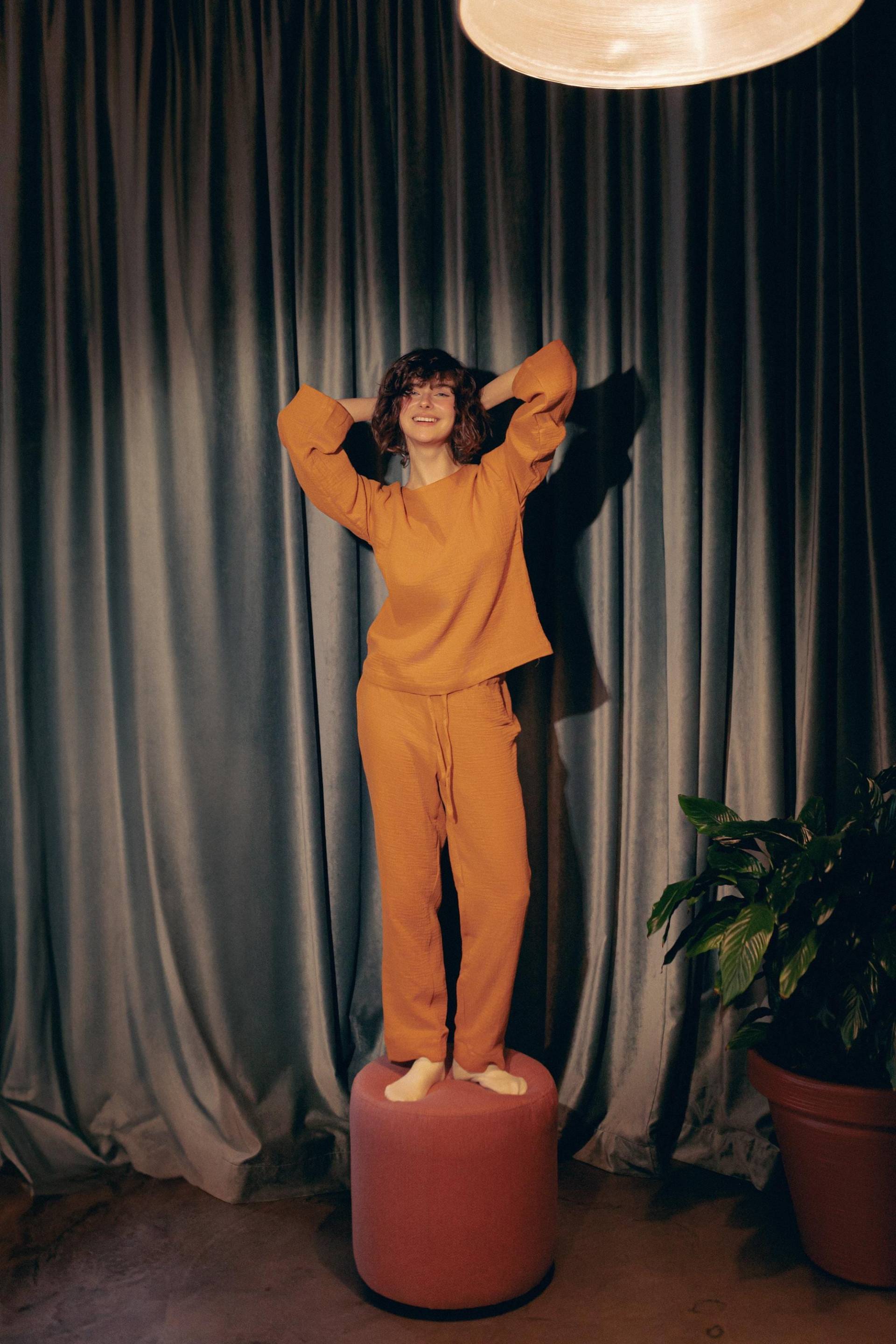 Orange Musselin Pyjama, Zimt Nacht Shirt & Hosen Set, Langarm Pj Für Sie, Bequeme Hauskleidung Frauen, Mutter Oder Oma Geburtstag Geschenkidee von LegloHome