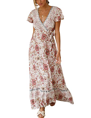 Legou Damen Blumen Maxikleid Bohemien A-Linie Kurzarm Sommerkleid mit Schlitz Rosa XL von Legou