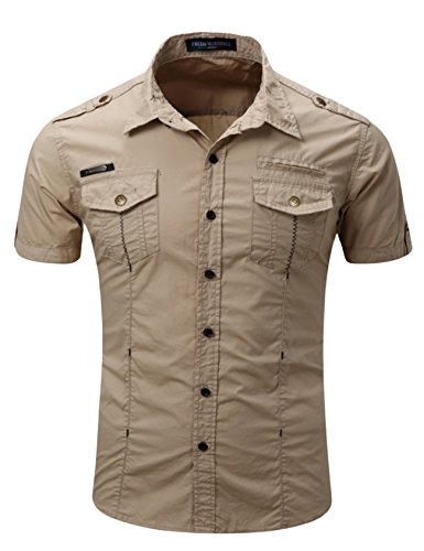 Legou Herren Slim Fit Kurzarm Militär Hemd Freizeithemd Businesshemd Casual Shirt Khaki M von Legou