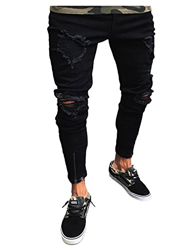 Legou Herren Slim Fit Skinny Destroyed Jeans Hose Schwarz M von Legou