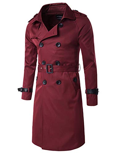 Legou Herren Zweireihiger Trenchcoat Mid-Long Overcoat Slim Fit mit Gürtel Gr. M, weinrot von Legou
