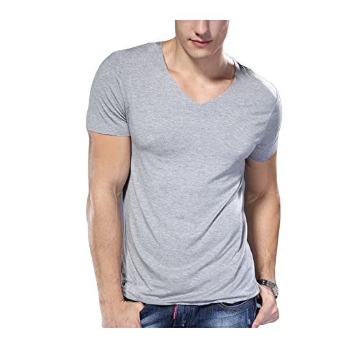 Legou Modal Herren Kurzarm V-Ausschnitt Slim T-Shirt, Hellgrau, XXL von Legou