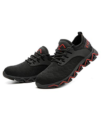 Legou Unisex Stahlkappe Sicherheit Arbeitsschuhe Bequeme Industrie Konstruktion Sneaker für Damen und Herren, Schwarz - schwarz/rot Größe:46 EU von Legou