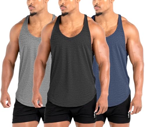 Lehmanlin Herren Fitness Stringer Muskel Tank Top, Gym Workout Achselshirts Y-Back,Bodybuilding Muskelshirts Männer Schnell Trocknend (3Pack:Grau Schwarz Blau L) von Lehmanlin