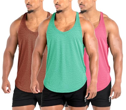 Lehmanlin Herren Fitness Stringer Muskel Tank Top, Gym Workout Achselshirts Y-Back,Bodybuilding Muskelshirts Männer Schnell Trocknend (3Pack:Rosa+Braun+Grün,XL) von Lehmanlin