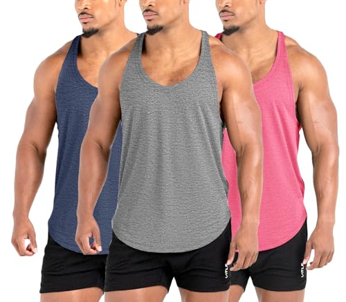 Lehmanlin Herren Fitness Stringer Muskel Tank Top, Gym Workout Achselshirts Y-Back,Bodybuilding Muskelshirts Männer Schnell Trocknend (3er-Pack: Rosa + Grau + Blau, M) von Lehmanlin