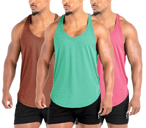 Lehmanlin Herren Fitness Stringer Muskel Tank Top, Gym Workout Achselshirts Y-Back,Bodybuilding Muskelshirts Männer Schnell Trocknend (3er-Pack:Rosa+Braun+Grün,S) von Lehmanlin