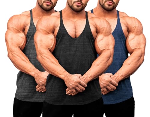 Lehmanlin Herren Fitness Stringer Muskel Tank Top, Y-Back Gym Trägershirt,Bodybuilding Muskelshirts Männer Schnell Trocknend (Schwarz/Dunkelgrau/Dunkelblau-3XL) von Lehmanlin