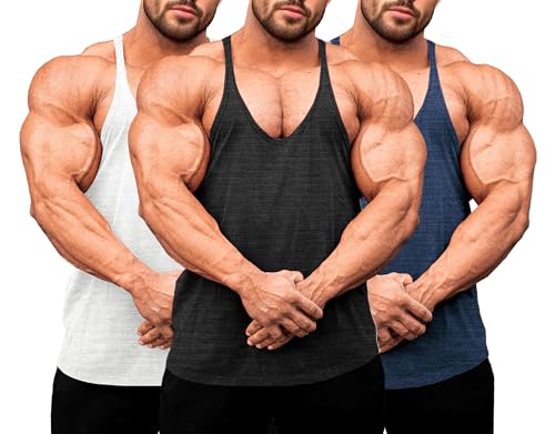 Lehmanlin Herren Fitness Stringer Muskel Tank Top, Y-Back Gym Trägershirt,Bodybuilding Muskelshirts Männer Schnell Trocknend (Schwarz/Weiß/Dunkelblau-L) von Lehmanlin