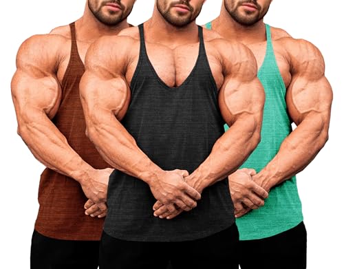 Lehmanlin Herren Fitness Stringer Muskel Tank Top, Y-Back Gym Trägershirt,Bodybuilding Muskelshirts Männer Schnell Trocknend (Schwarz/Ziegelrot/Grün-L) von Lehmanlin