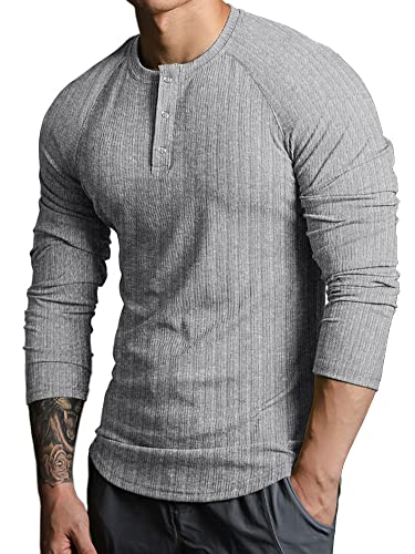 Lehmanlin Langarmshirts für Herren,Henley Longsleeve Langarm Pullover,Baumwolle Gerippt Stoffe,Schmale Passform Thermo Tshirt,Slim Fit Sport Muskelshirts (Grau/L) von Lehmanlin