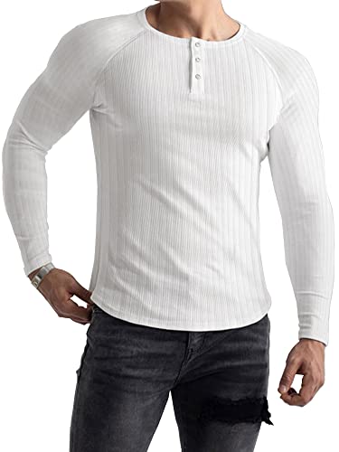 Lehmanlin Langarmshirts für Herren,Henley Longsleeve Langarm Pullover,Baumwolle Gerippt Stoffe,Schmale Passform Thermo Tshirt,Slim Fit Sport Muskelshirts (Weiß/L) von Lehmanlin