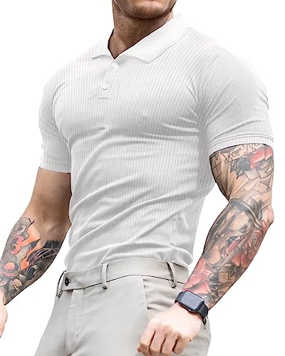 Lehmanlin Poloshirt Herren, T Shirts Männer, Hemd Herren Kurzarm Geripptes Elastizität T-Shirt Sommer Slim Fit Golf Sports (Weiß/M) von Lehmanlin