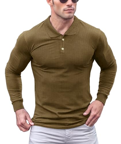 Lehmanlin Poloshirt Herren Langarm Geripptes T Shirts Männer Hemd Herren Elastizität Slim Fit Casual Golf Tops(Braun/M) von Lehmanlin