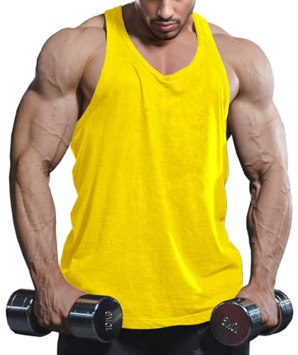 Lehmanlin Herren Sport Stringer Tank top,Bodybuilding Workout Tank Tops für das Fitnessstudio,Tägliches Training lässige T-Shirts Quick Dry(Reines Gelb, 2XL) von Lehmanlin