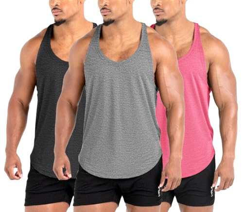 Lehmanlin Herren Fitness Stringer Muskel Tank Top, Gym Workout Achselshirts Y-Back,Bodybuilding Muskelshirts Männer Schnell Trocknend(3Pack:Rosa+Schwarz+Grau,M) von Lehmanlin