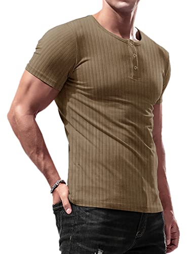 Lehmanlin Herren T-Shirt Knopfkragen,Henley Kurzarm T-Shirt,Freizeit T-Shirt aus Baumwolle mit Kurzen Ärmeln,Slim Fit Sport Muskelshirts (Braun/L) von Lehmanlin