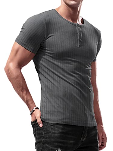 Lehmanlin Herren T-Shirt Knopfkragen,Henley Kurzarm T-Shirt,Freizeit T-Shirt aus Baumwolle mit Kurzen Ärmeln,Slim Fit Sport Muskelshirts (Dunkelgrau/M) von Lehmanlin