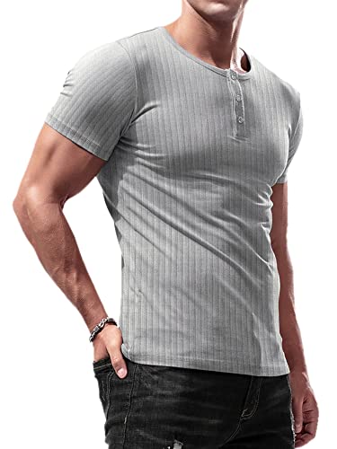 Lehmanlin Herren T-Shirt Knopfkragen,Henley Kurzarm T-Shirt,Freizeit T-Shirt aus Baumwolle mit Kurzen Ärmeln,Slim Fit Sport Muskelshirts (Grau/XL) von Lehmanlin