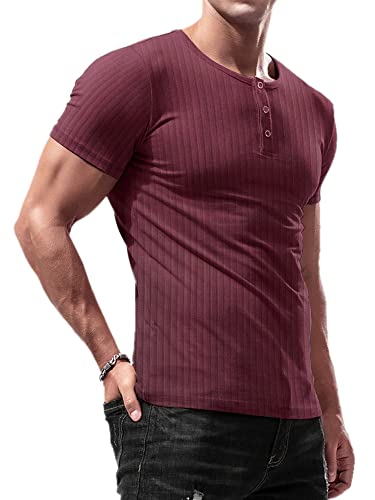 Lehmanlin Herren T-Shirt Knopfkragen,Henley Kurzarm T-Shirt,Freizeit T-Shirt aus Baumwolle mit Kurzen Ärmeln,Slim Fit Sport Muskelshirts (Rot/2XL) von Lehmanlin