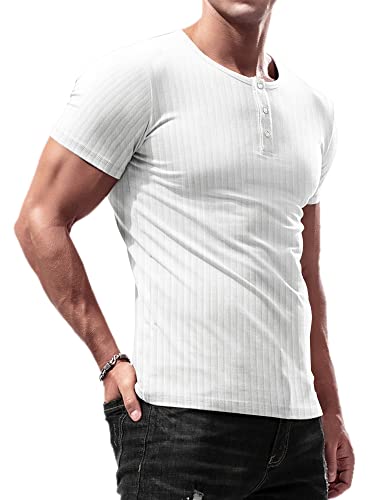 Lehmanlin Herren T-Shirt Knopfkragen,Henley Kurzarm T-Shirt,Freizeit T-Shirt aus Baumwolle mit Kurzen Ärmeln,Slim Fit Sport Muskelshirts (Weiß/2XL) von Lehmanlin