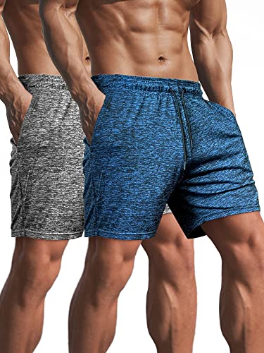 Lehmanlin Herren-Sportshorts. Schnell trocknendes Stretchmaterial. Leichte Trainingshose mit Taschen (Grau/Blau-L) von Lehmanlin