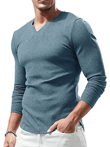 Lehmanlin Langarmshirt Sport T-Shirts für Herren, V-Ausschnitt Stretch, Muskulöse Passform, Lässige Unterwäsche, Thermo Shirt Herren Langarm Leichtgewicht Blau L von Lehmanlin